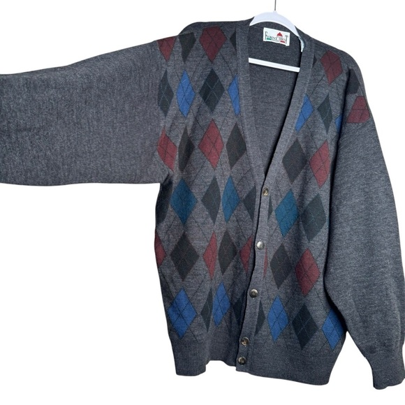 Florence Tricot Men’s Italy Gray Arygle Cardigan Grandpa Sweater Size XLT - Picture 3 of 7